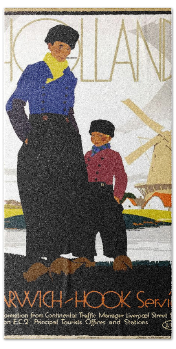 Mother And Child Hand Towel featuring the painting Mother and Child near a windmill in Holland - Vintage Travel Poster by Studio Grafiikka