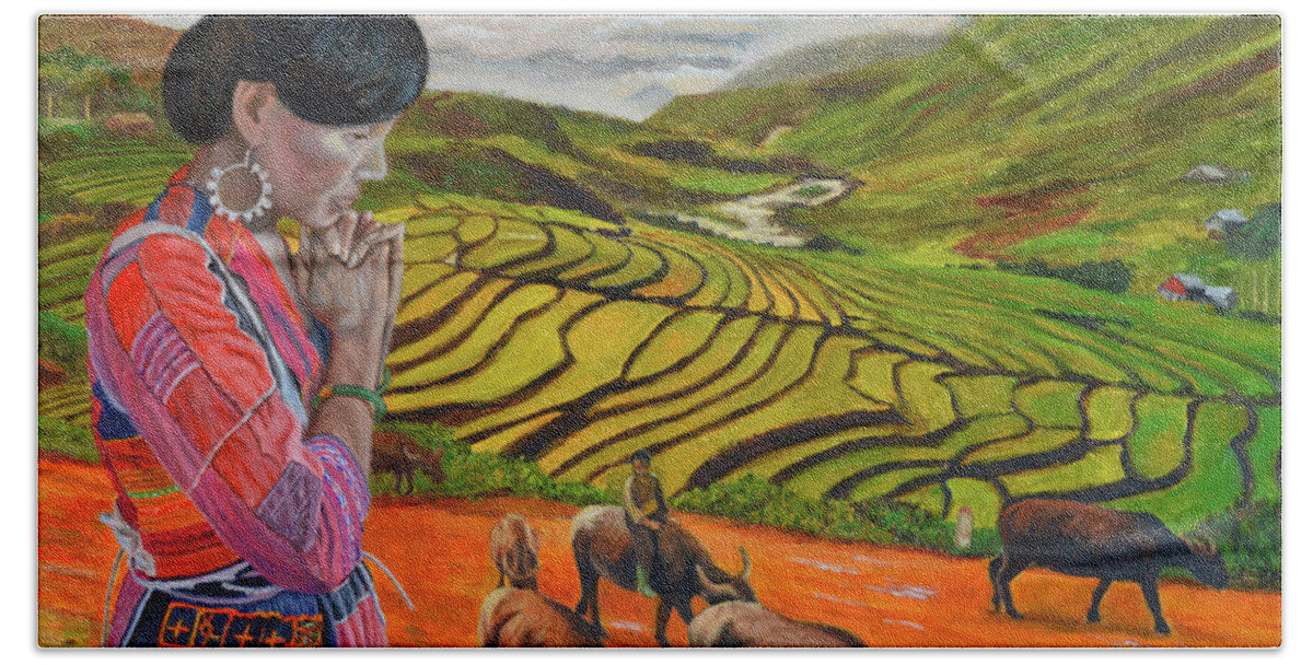 Hmong Woman Bath Towel featuring the painting Mother's Land by Thu Nguyen