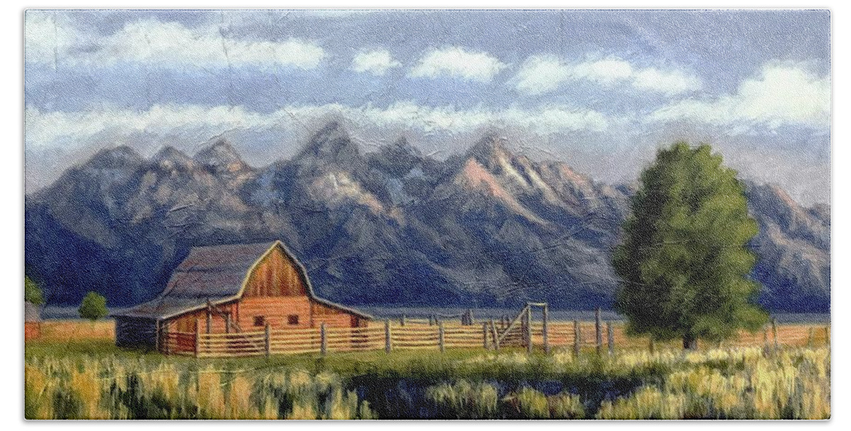 Grand Tetons Bath Towel featuring the painting Moulton Barn at the Grand Tetons by Janet King