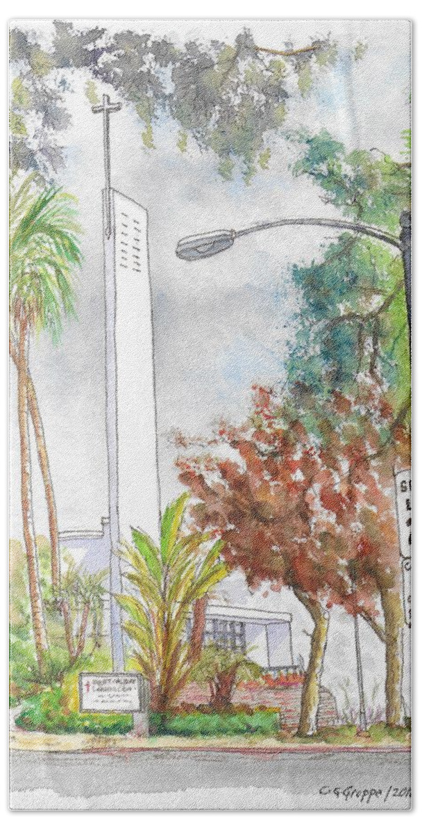 Mount Calvary Lutheran Church Hand Towel featuring the painting Mount Calvary Lutheran Church, Beverly Hills, California by Carlos G Groppa