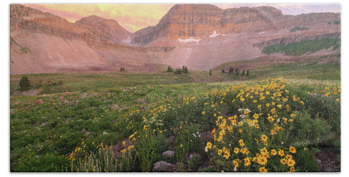 Utah Bath Towel featuring the photograph Mount Timpanogos Wildflower Sunset - Utah by Brett Pelletier