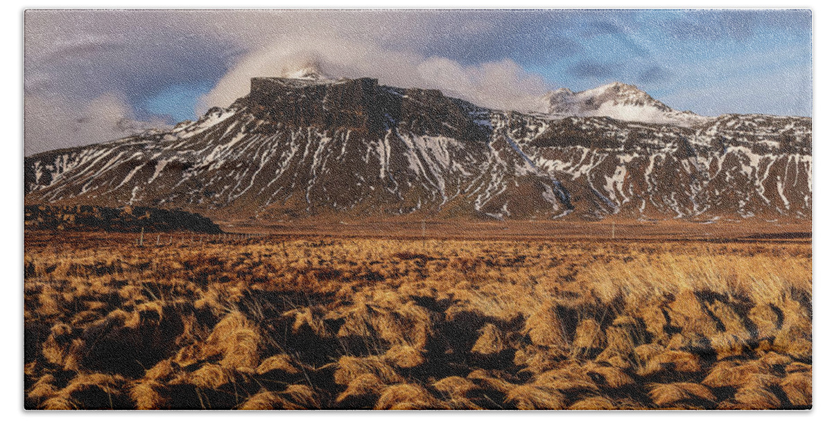 Landscape Hand Towel featuring the photograph Mountain and land, Iceland by Pradeep Raja Prints