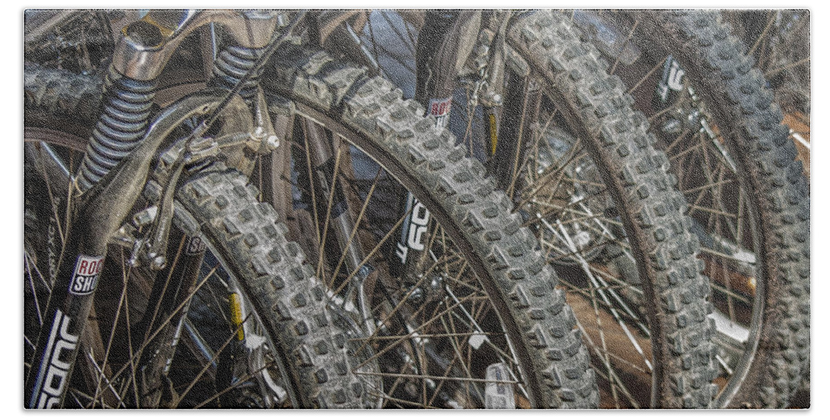 Wheel Bath Towel featuring the photograph Mountain Bicycles and Tires by Randall Nyhof