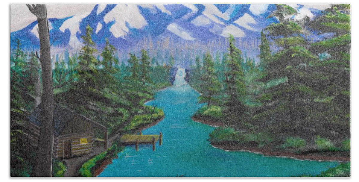 Dock Bath Towel featuring the painting Mountain Cabin by David Bigelow