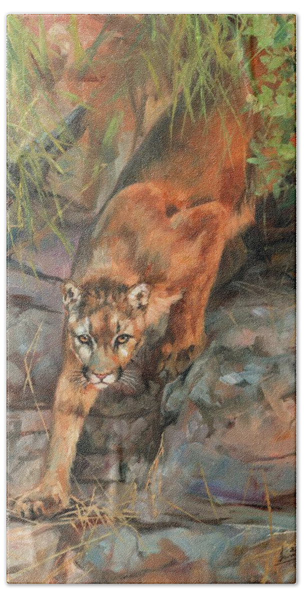 Mountain Lion Bath Towel featuring the painting Mountain Lion 2 by David Stribbling