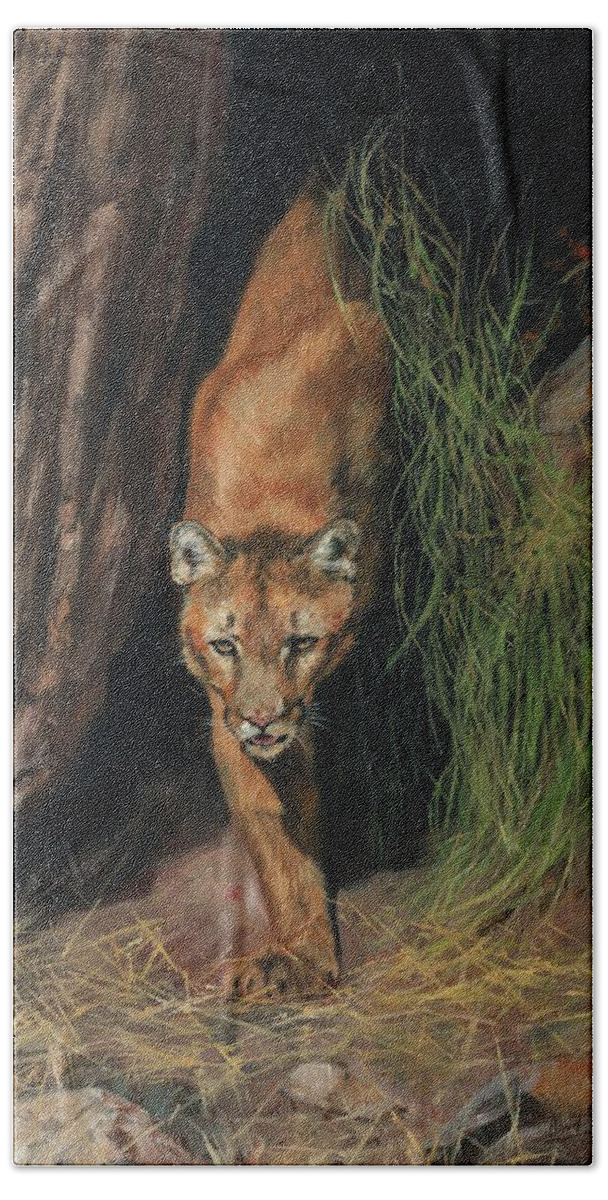 Mountain Lion Hand Towel featuring the painting Mountain Lion Emerging From Shadows by David Stribbling