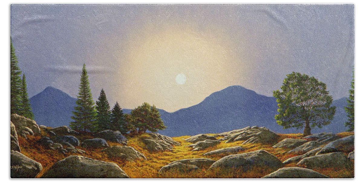 Mountain Meadow In Moonlight Bath Towel featuring the painting Mountain Meadow In Moonlight by Frank Wilson