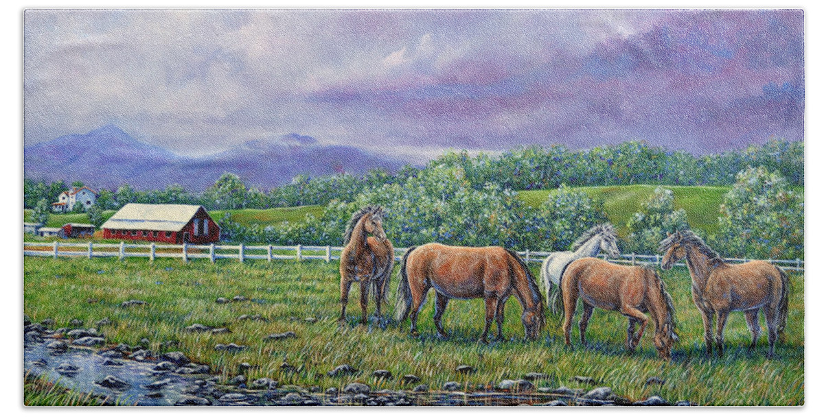 Landscape Mountains Farm Horses Barn Rain Clouds Stream Purple Green Grass Bath Towel featuring the painting Mountain Rain by Gail Butler