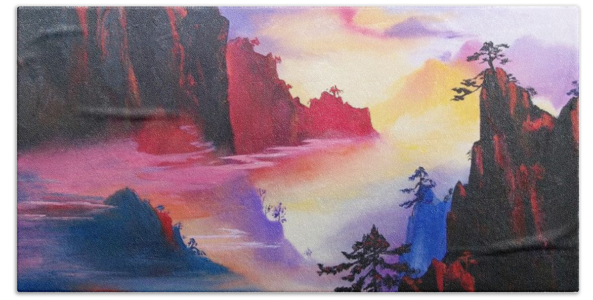 Tranquil Hand Towel featuring the painting Mountain Top Sunrise by Sharon Duguay