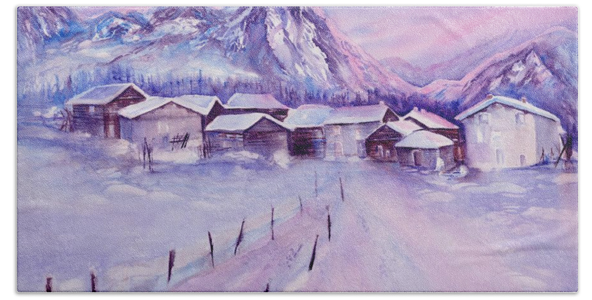 Mountain Village Bath Towel featuring the painting Mountain village in snow by Sabina Von Arx