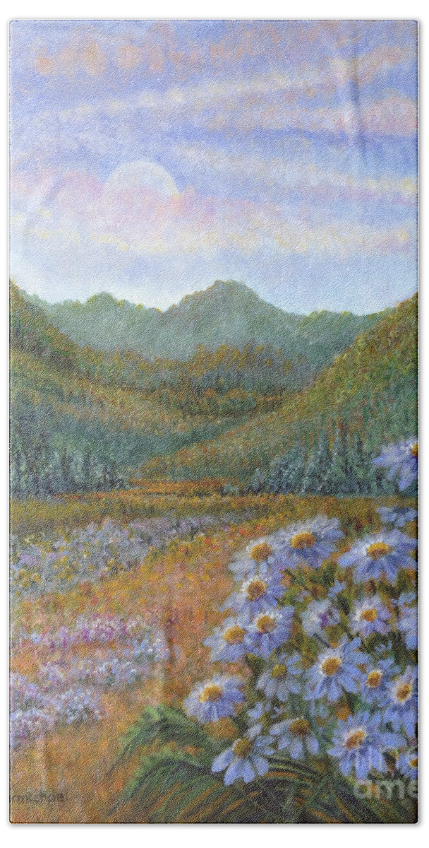 Mountains And Asters Hand Towel featuring the painting Mountains and Asters by Holly Carmichael