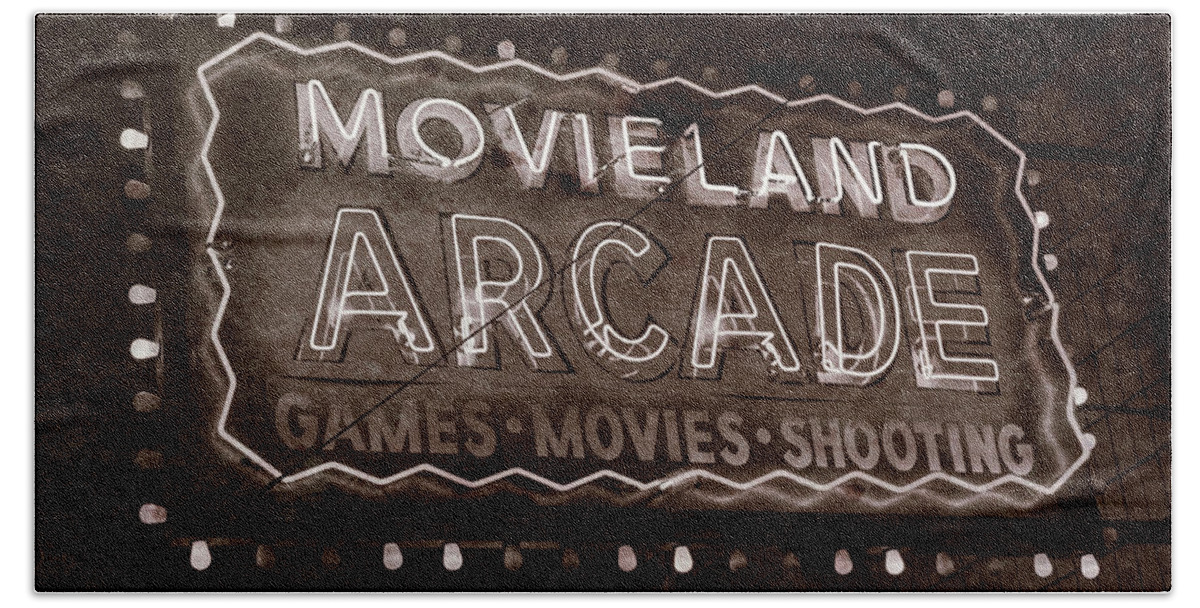 Movieland Hand Towel featuring the photograph Movieland Arcade - Gritty by Stephen Stookey