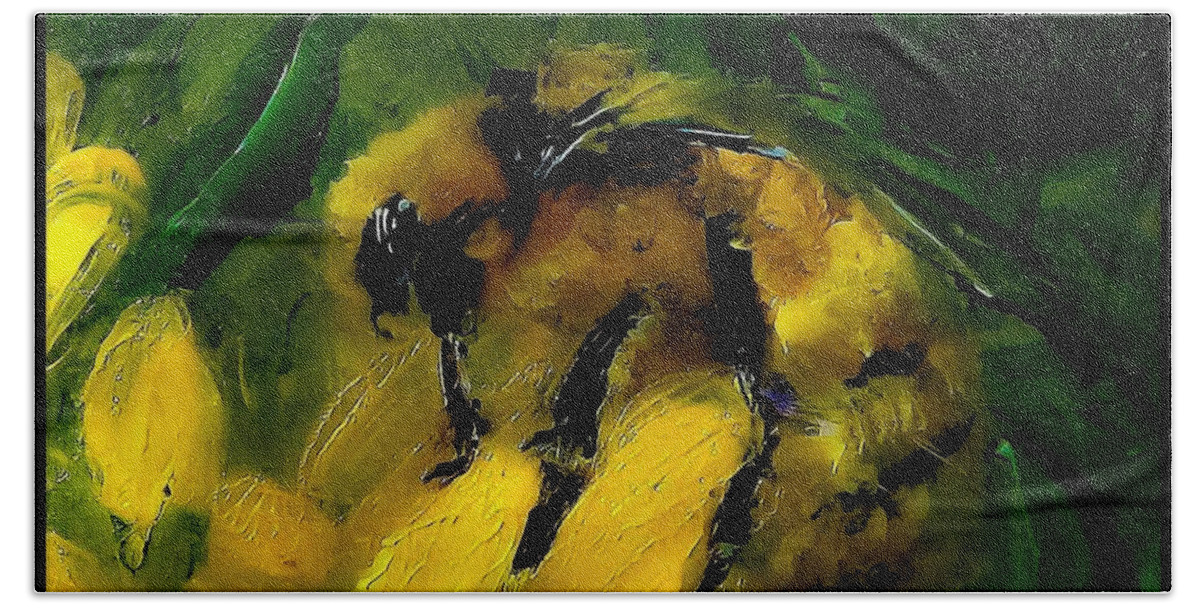 Mr Bath Towel featuring the digital art Mr Bumble On Painterly Yellow by Lisa Kaiser