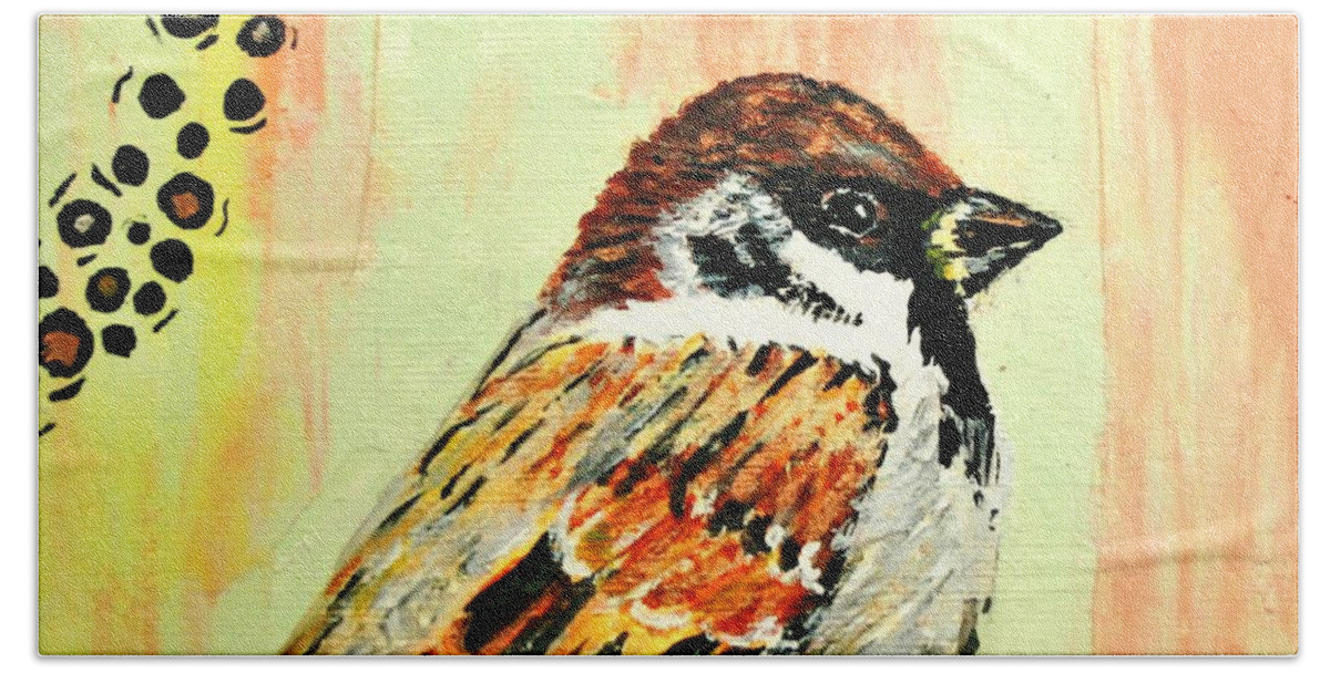 Bird Hand Towel featuring the painting Mr Sparrow by Tracey Lee Cassin