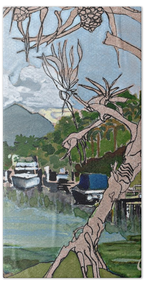 Noosa & Nearby Bath Towel featuring the painting Mt Cooroy from Noosa Sound by Joan Cordell