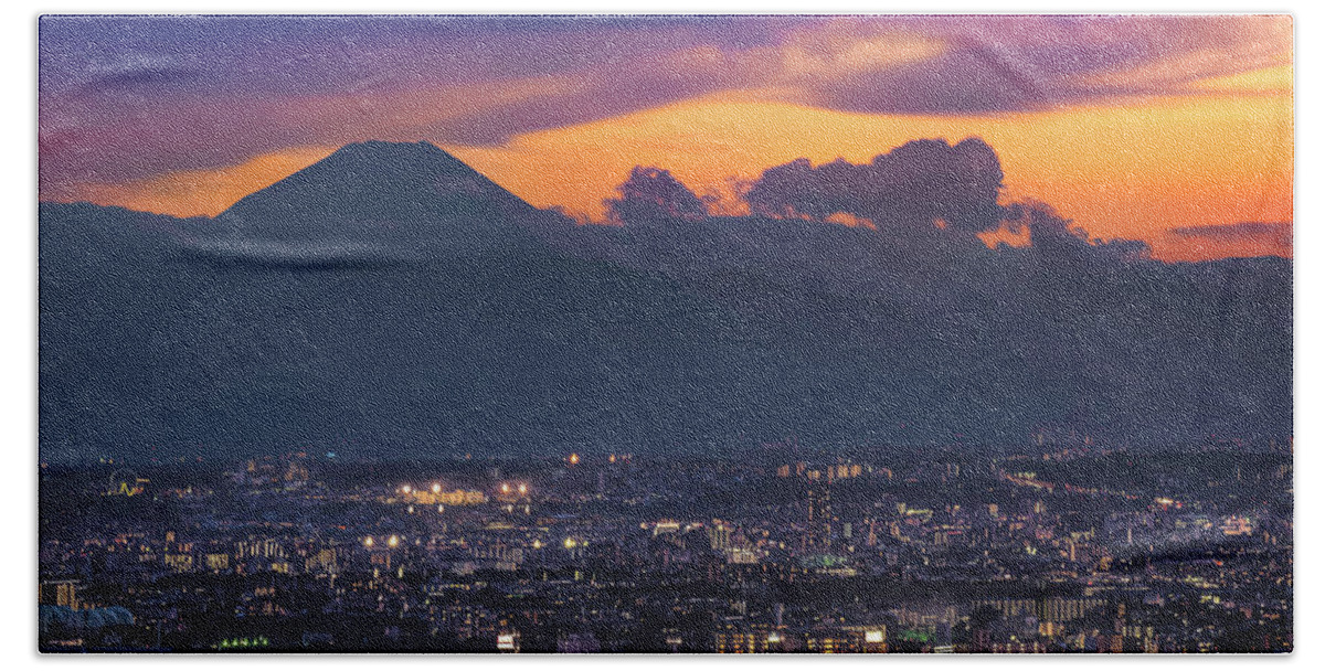Mt. Fuji Bath Towel featuring the photograph Mt. Fuji and Tokyo at night by Ponte Ryuurui