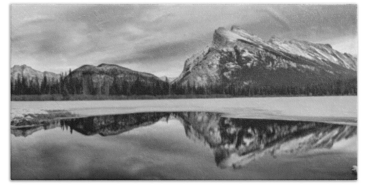 Mt Rundle Bath Towel featuring the photograph Mt Rundle Reflections Black And White by Adam Jewell