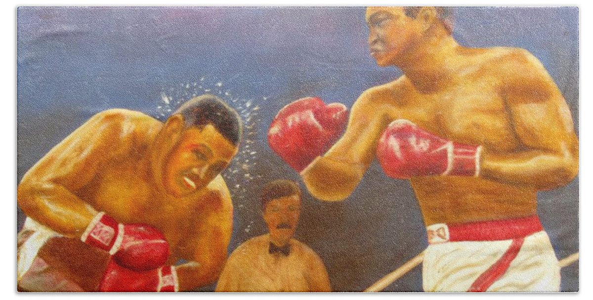 Boxing Oil Painting Hand Towel featuring the painting Muhammad Ali Frazier Thrilla In Manilla Title Fight by Anthony Morretta