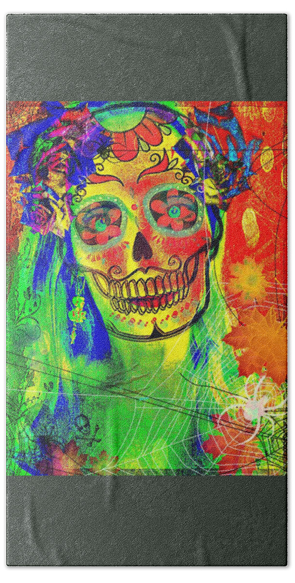 Neon Colors Skull Bath Towel featuring the digital art Mujer Muerte by Pamela Smale Williams
