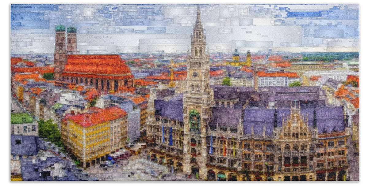 Rafael Salazar Bath Towel featuring the digital art Munich Cityscape by Rafael Salazar