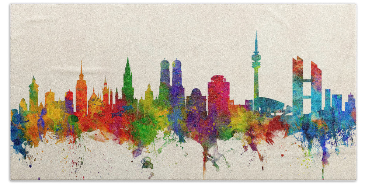 City Skyline Bath Towel featuring the digital art Munich Germany Skyline by Michael Tompsett