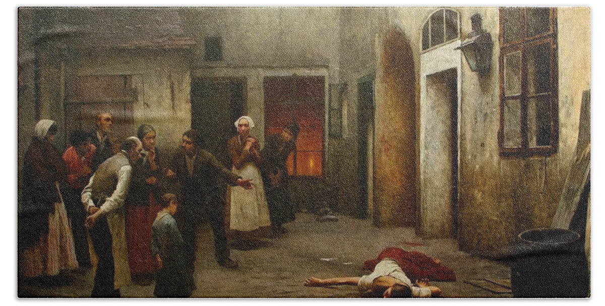 Jakub Schikaneder Bath Towel featuring the painting Murder In The House by MotionAge Designs