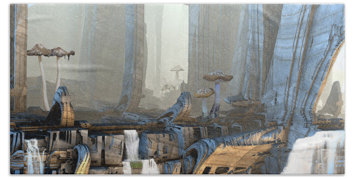 Sciencefiction Scifi Grunge Dystopian Architecture Building Fractal Fractalart Mandelbulb3d Mandelbulb Hand Towel featuring the digital art Mushroom Caverns by Hal Tenny