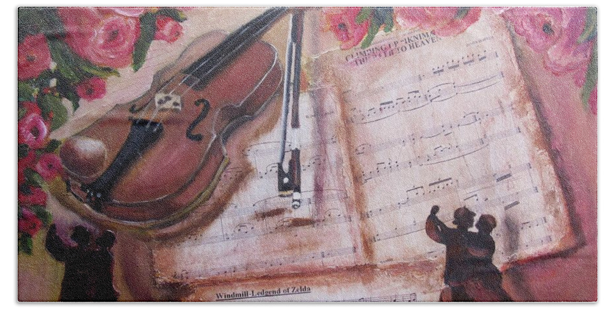 Music Hand Towel featuring the mixed media Music And Roses by Vesna Martinjak