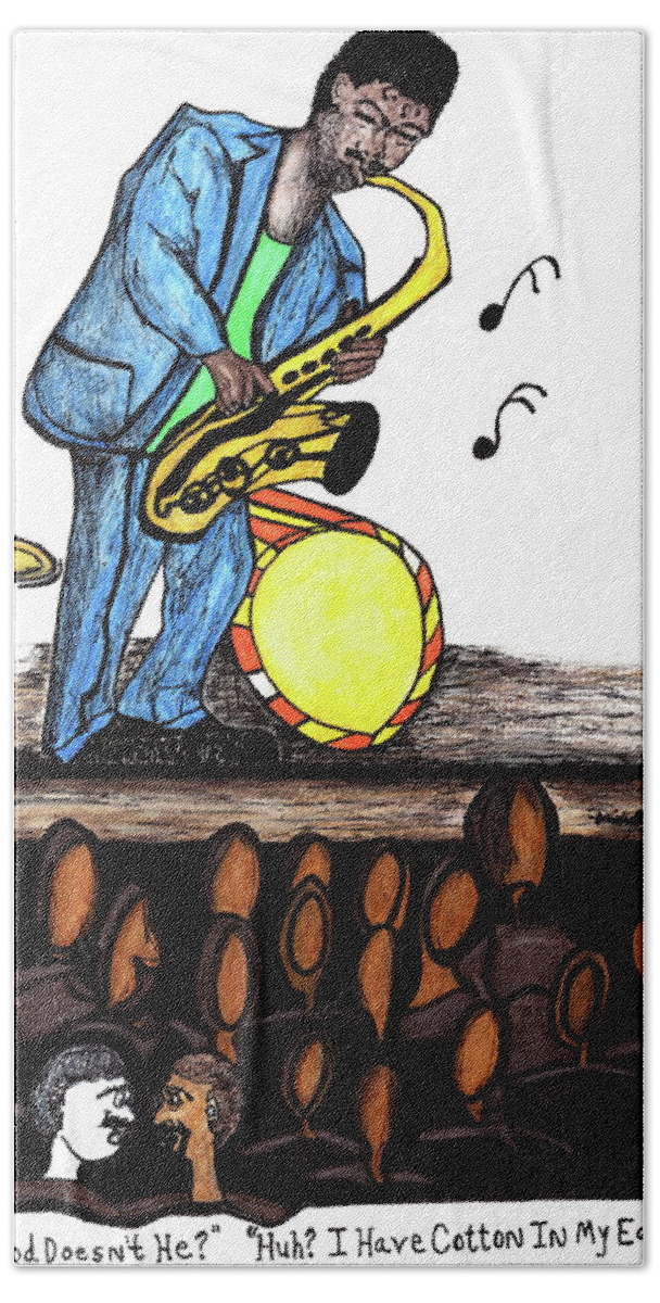 Cartoon Hand Towel featuring the mixed media Music Man Cartoon by Michelle Gilmore