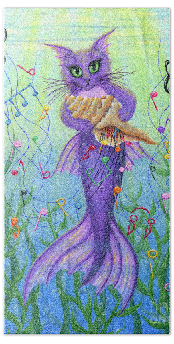 Cat Decor Hand Towel featuring the painting Musical Mercat - Purple Mermaid Cat by Carrie Hawks
