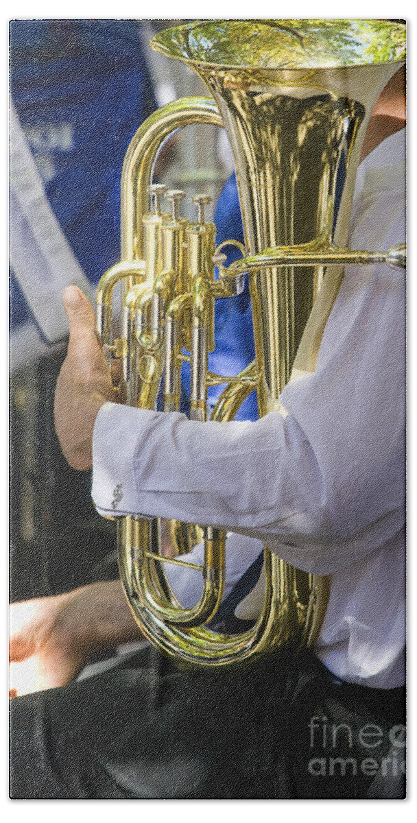 Brass Band Hand Towel featuring the photograph Musician with polished tuba by Patricia Hofmeester