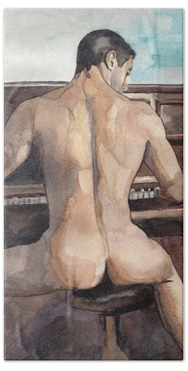 Nude Male Erotic Sexy Man Watercolor On Paper Painting Artwork Bath Towel featuring the painting Musician by Yuliya Podlinnova