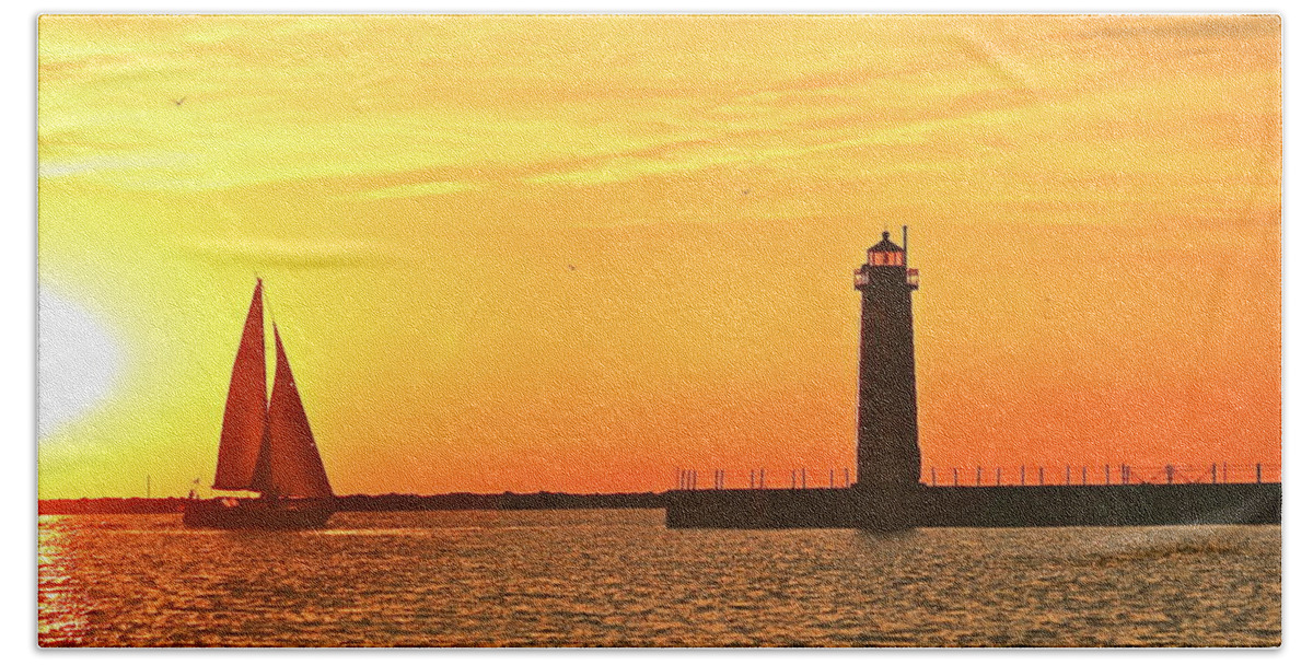 Lighthouse Hand Towel featuring the photograph Muskegon Sunset by Michael Peychich