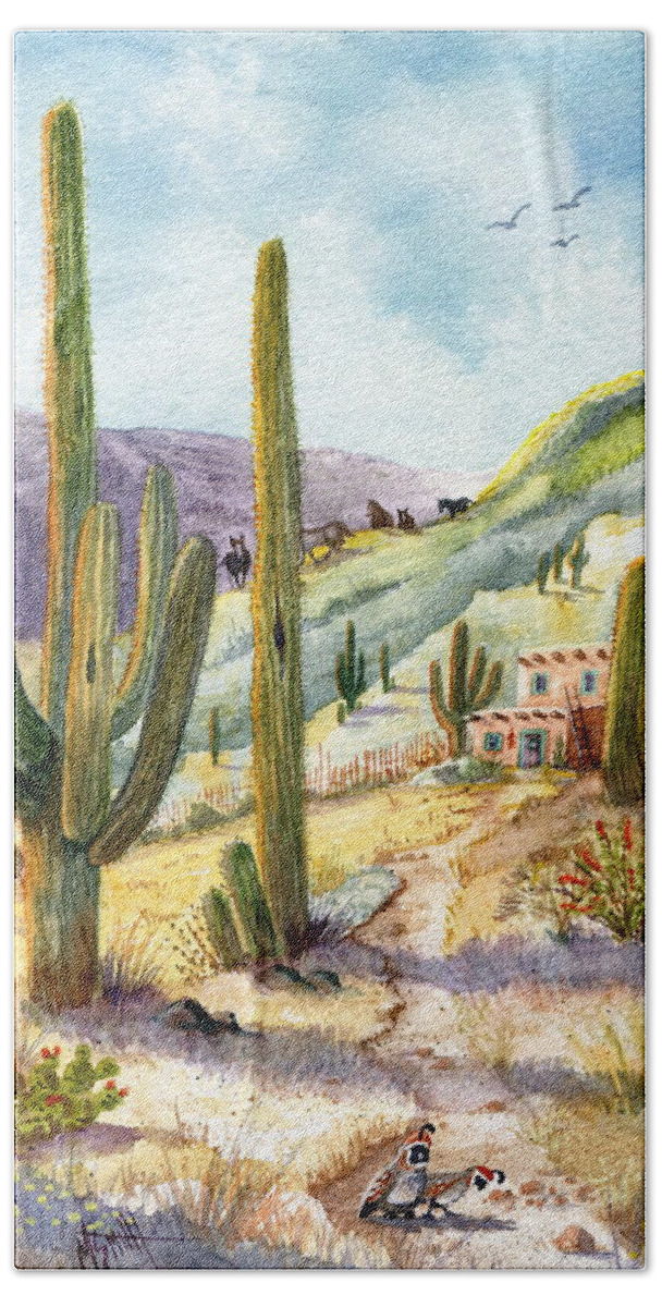 Adobe Hand Towel featuring the painting My Adobe Hacienda by Marilyn Smith