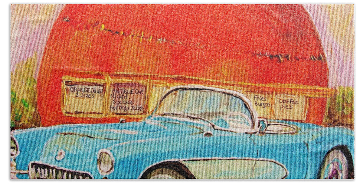 Montreal Hand Towel featuring the painting My Blue Corvette at the Orange Julep by Carole Spandau