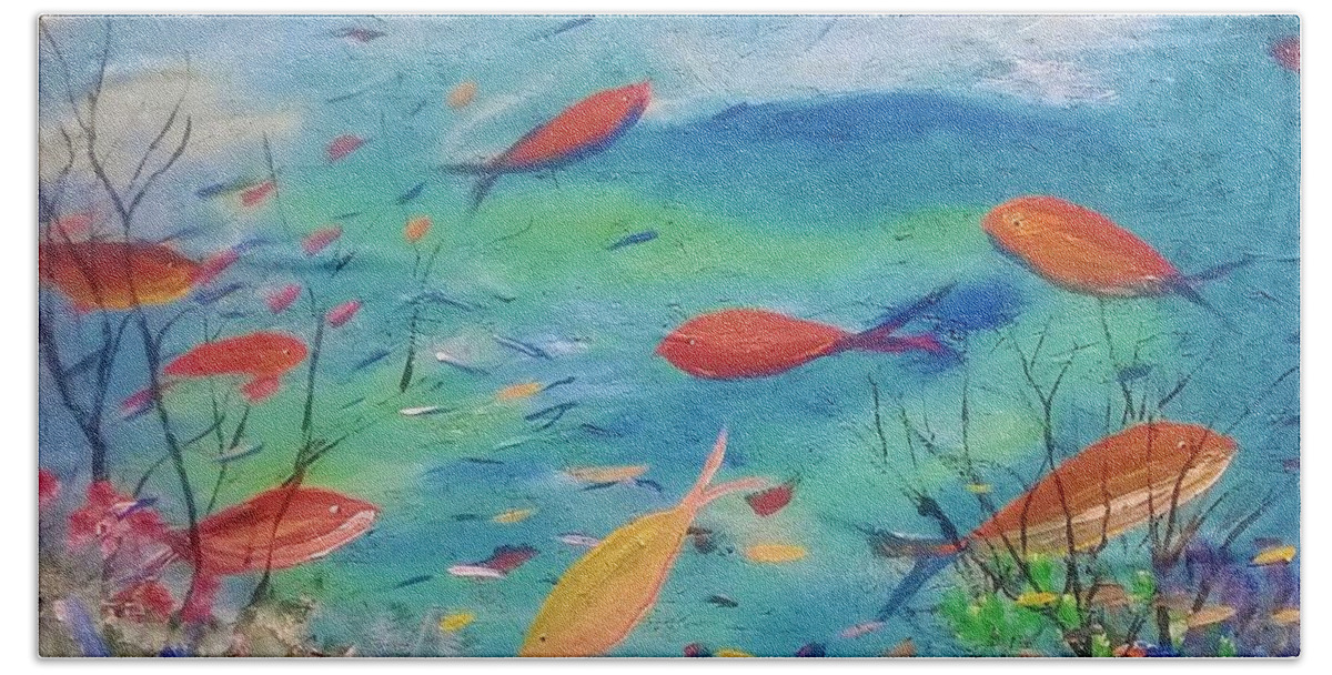 Blue Beach Ocean Fish Tropical Island Reef Bath Towel featuring the painting My Blue Sea by James and Donna Daugherty