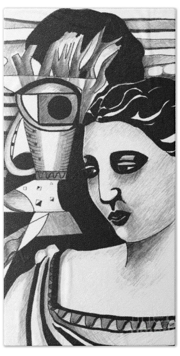 Picasso Hand Towel featuring the drawing My Outing With A Young Woman By Picasso by Helena Tiainen