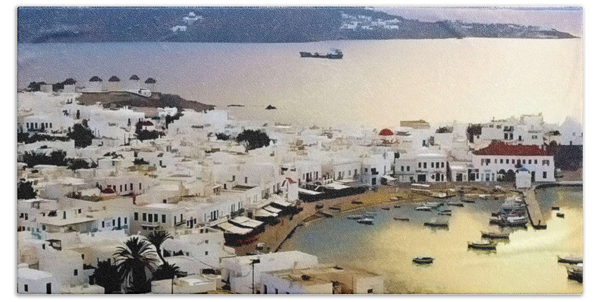 Landscape Hand Towel featuring the painting Mykonos Greece by Dean Wittle