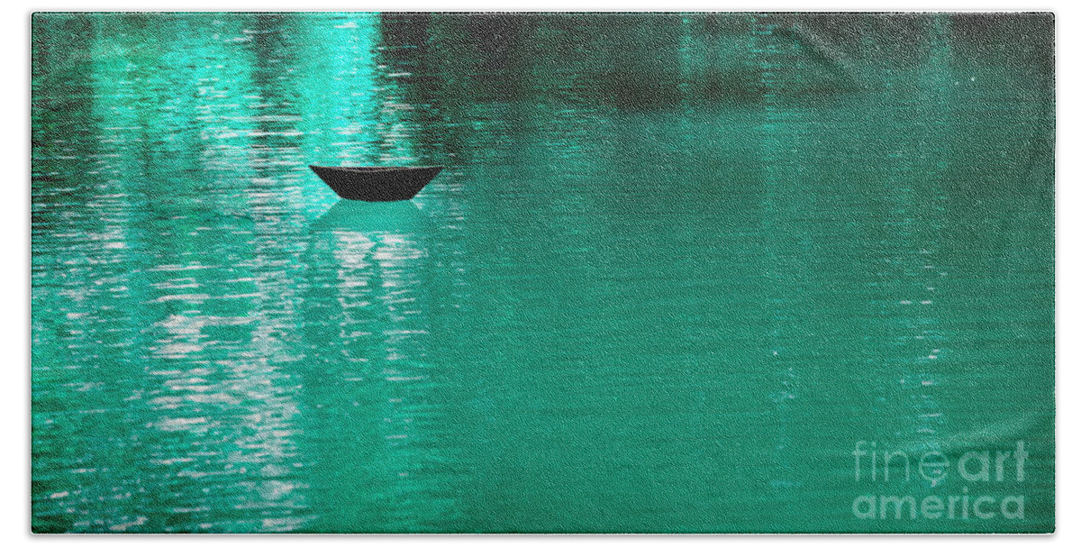 Lake Hand Towel featuring the photograph Mystery Boat by Metaphor Photo