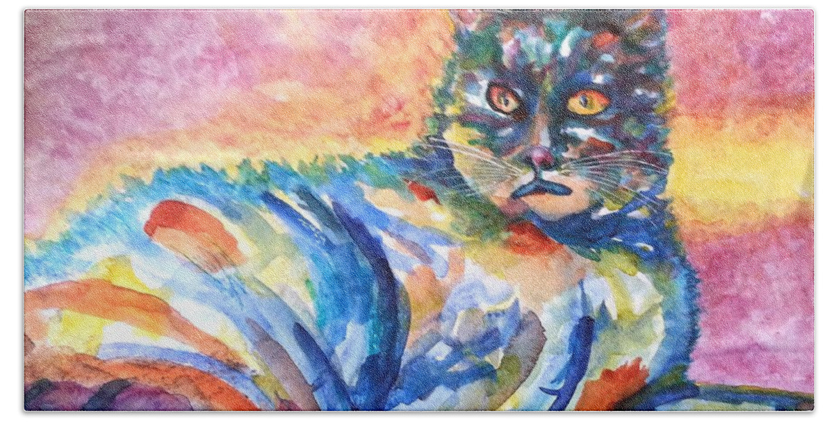 Cat Bath Towel featuring the painting Na Nadia by Kim Shuckhart Gunns