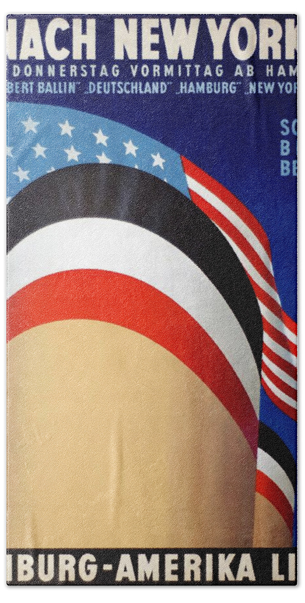 Hamburg Hand Towel featuring the mixed media Nach New York - Hamburg Amerika Linie - Retro travel Poster - Vintage Poster by Studio Grafiikka