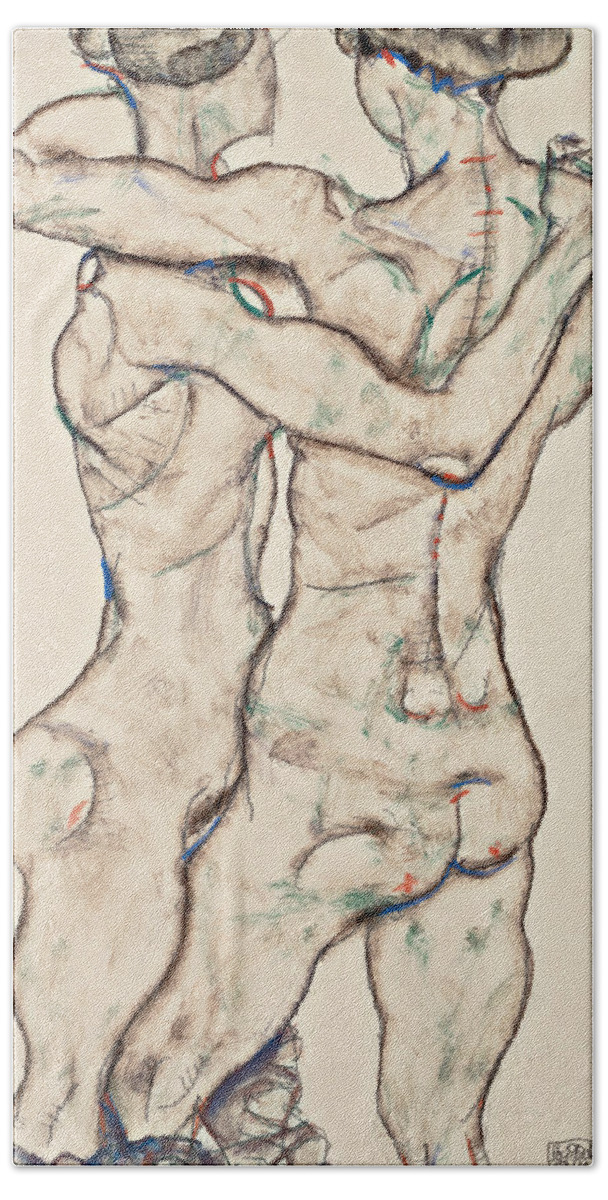 Egon Schiele Bath Towel featuring the drawing Naked Girls Embracing by Egon Schiele