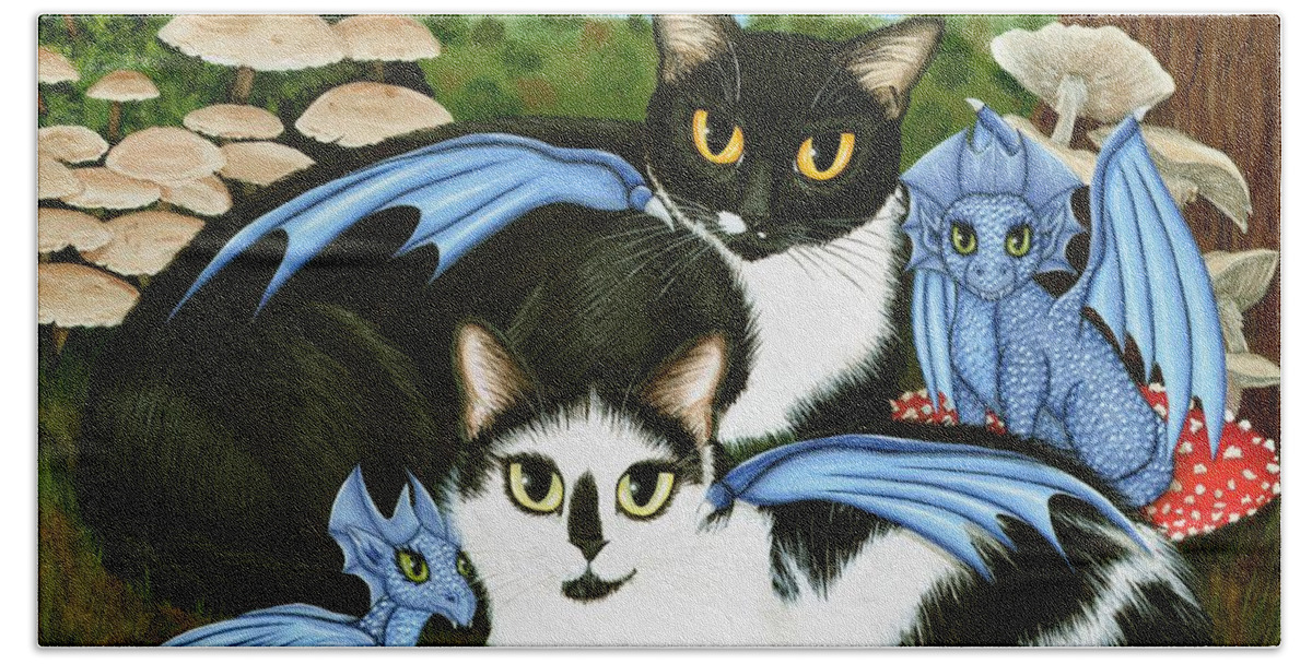 Tuxedo Cat Bath Towel featuring the painting Nami and Rookia's Dragons - Tuxedo Cats by Carrie Hawks