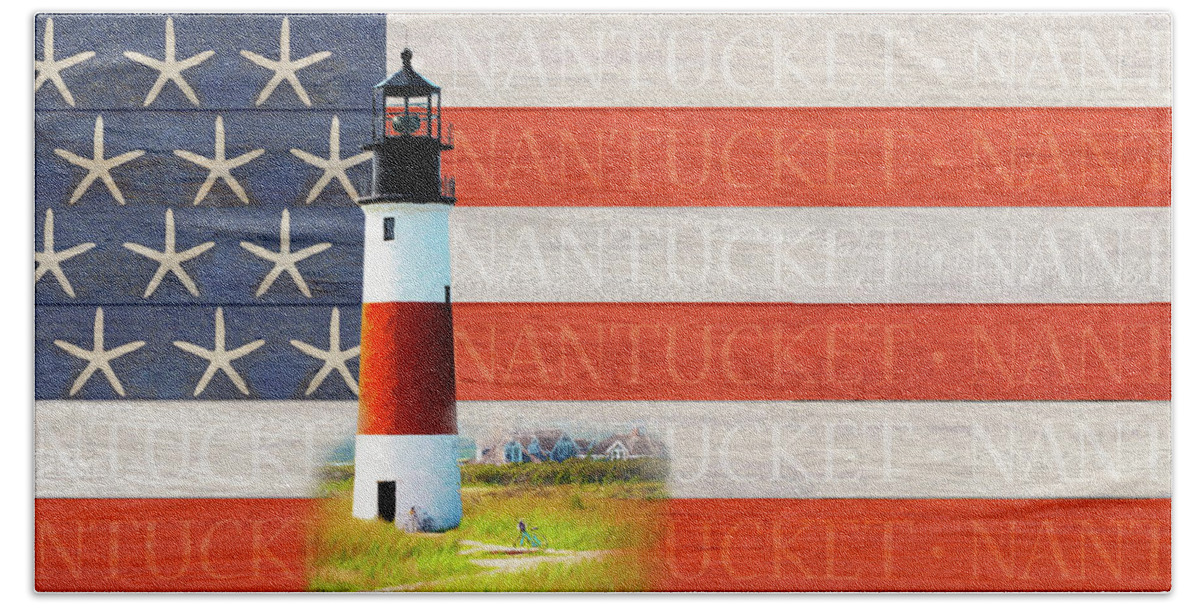 Nantucket Hand Towel featuring the digital art Nantucket Flag with Sankaty Lighthouse by Barry Wills