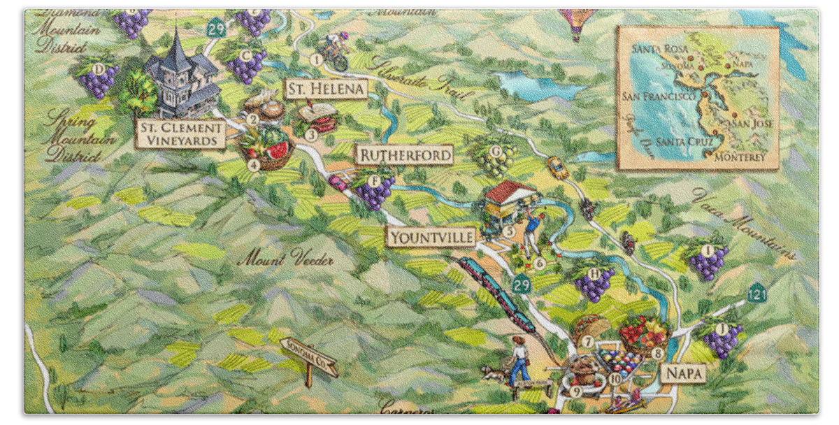 Napa Valley Bath Towel featuring the painting Napa Valley Illustrated Map by Maria Rabinky