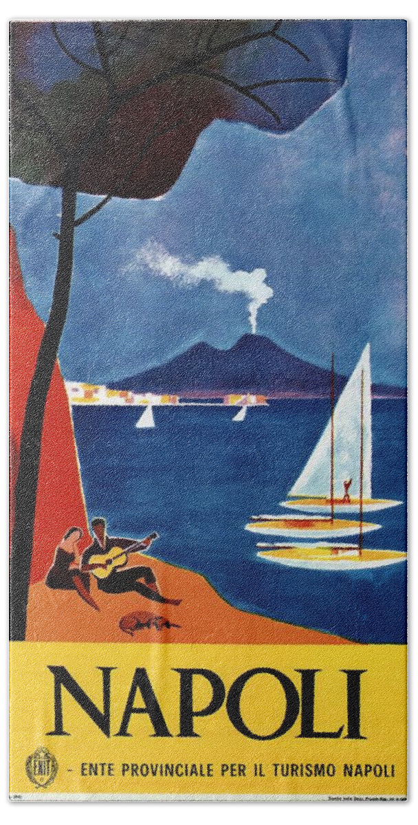 Napoli Hand Towel featuring the mixed media Napoli - Naples, Italy - Beach - Retro Advertising Poster - Vintage Poster by Studio Grafiikka