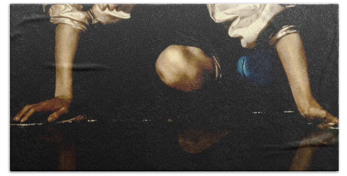 Narcissus Bath Sheet featuring the painting Narcissus by Caravaggio