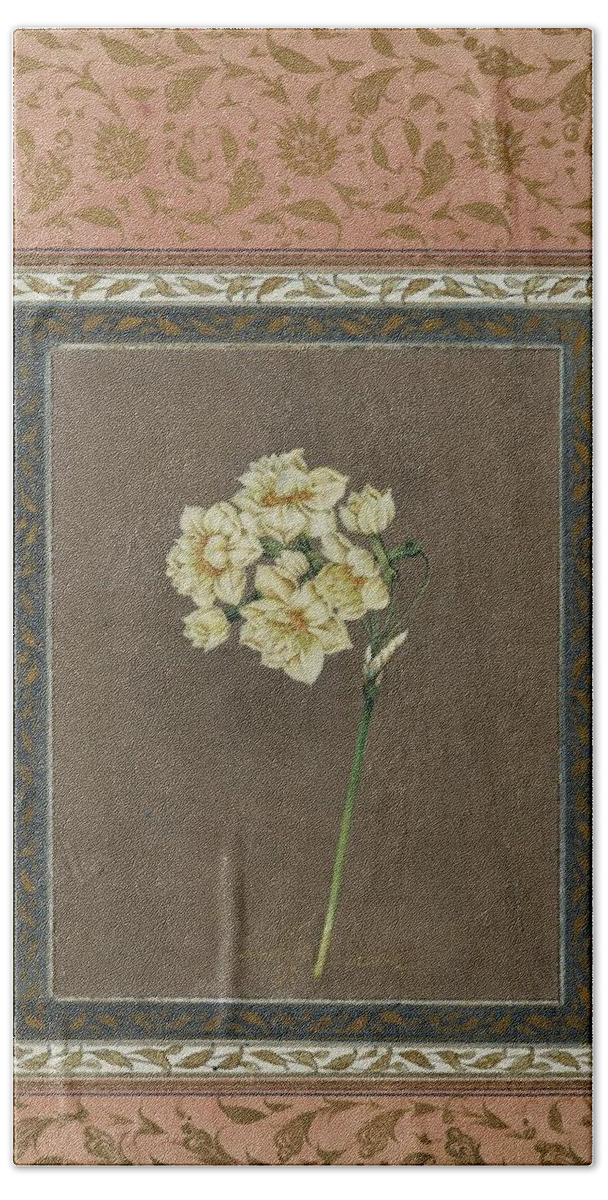 A Gouache And Gold On Paper Album Leaf (narcissus) By Muhammad Masih Bath Towel featuring the painting Narcissus by Muhammad Masih