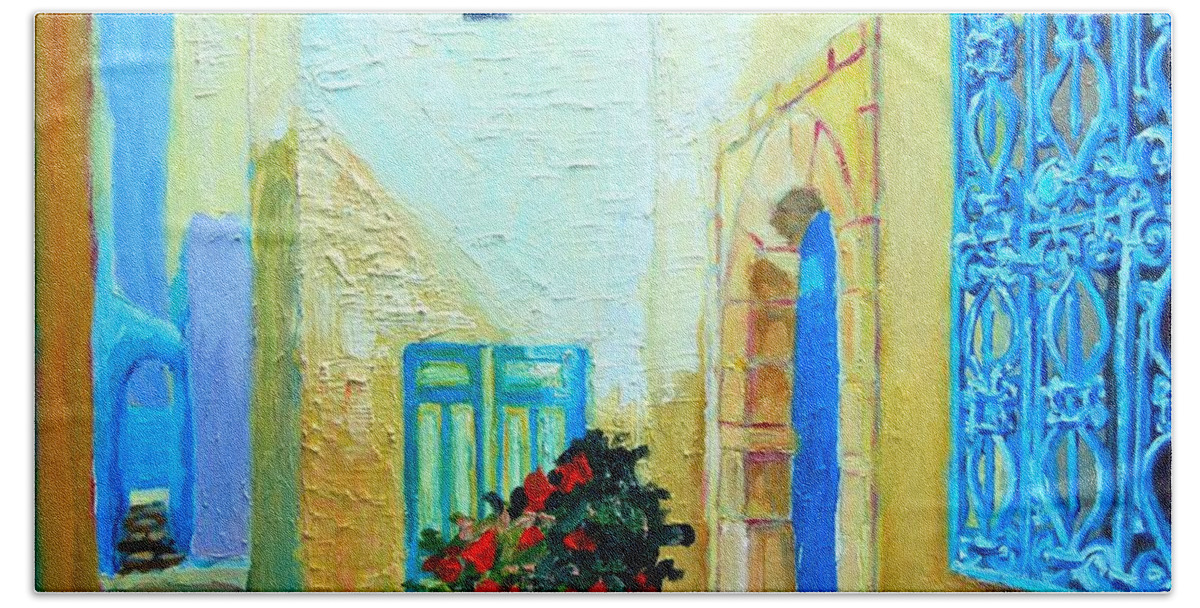 Blue Hand Towel featuring the painting Narrow street in Hammamet by Ana Maria Edulescu