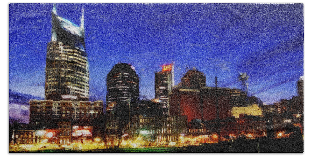 Landscape Hand Towel featuring the painting Nashville At Twilight by Dean Wittle
